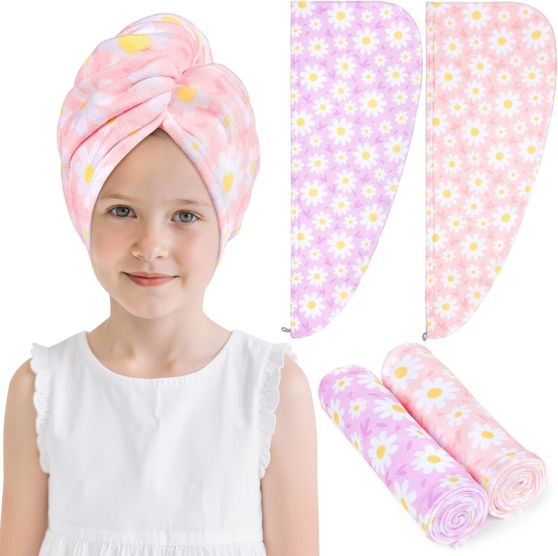 FIOBEE Microfiber Hair Towel Wrap for Kid Rapid Drying Towel Absorbent Hair Turbans for Wet Hair with Button Women Girls Long Curly Hair Pack of 2, Pink/Purple Flowers - Image 1
